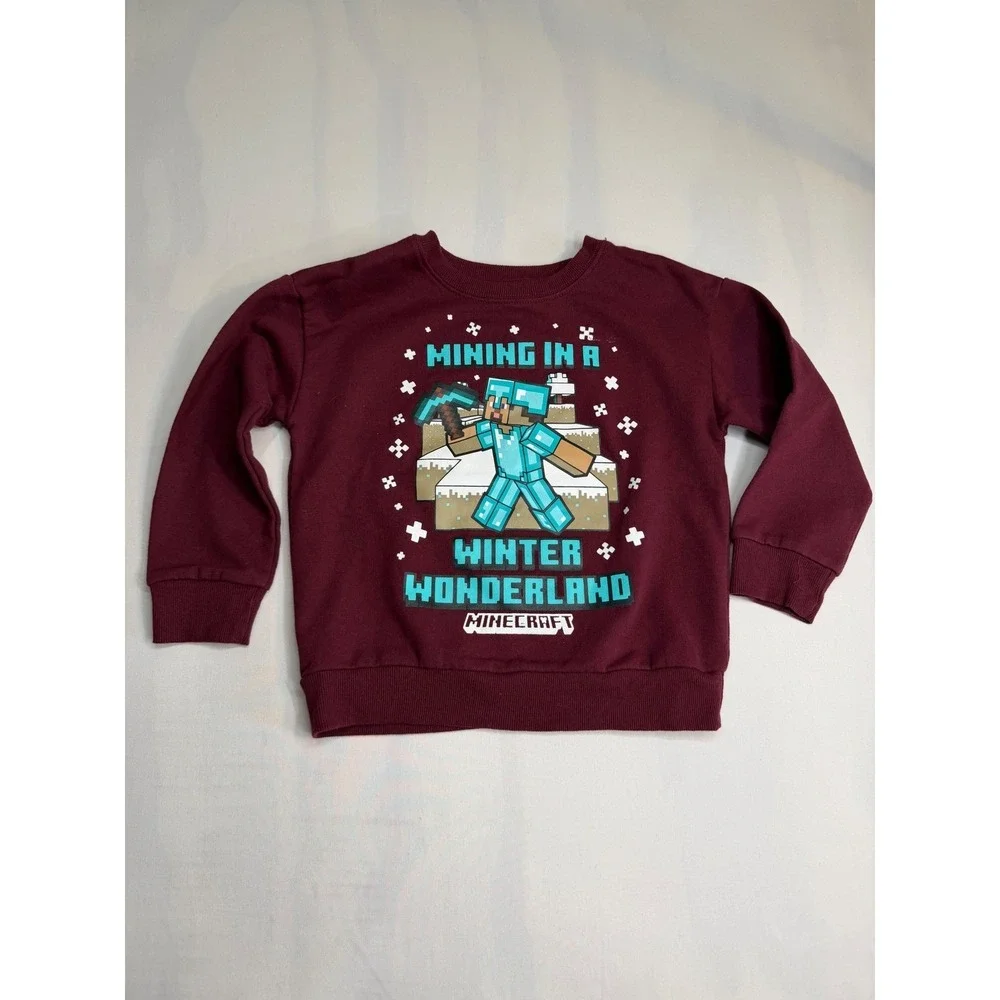 Minecraft Boys Mining in a Winter Wonderland Sweatshirt Currant Red Size 4/5